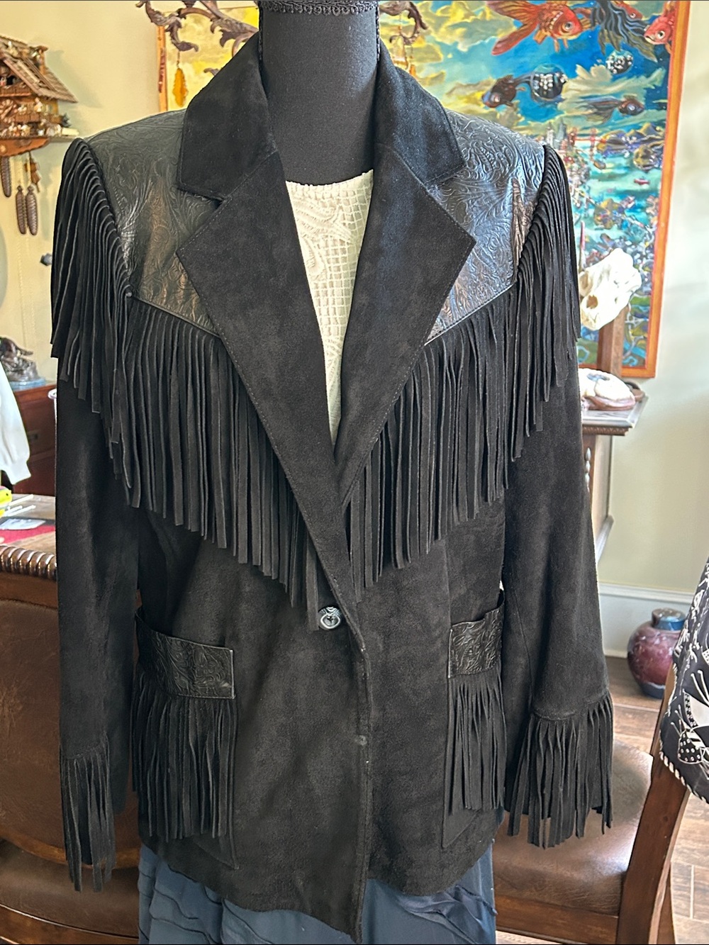 1990’s Wilson’s Sz S Black Suede & Tooled Fringe Western Jacket